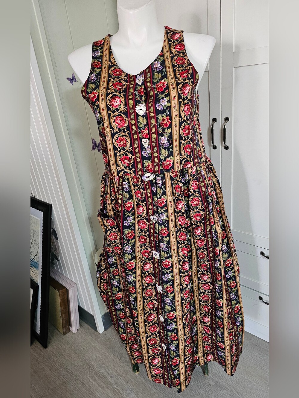 Pineapple Patch Vintage Floral Midi Dress 14 16 Button Stripe Cotton Spec Button